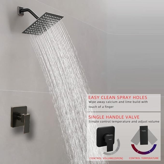 Shower Faucet Set Oil Rubbed Bronze, Bathroom Rainfall Shower System with Stainless Steel Rain Shower Head, Single Function Shower Trim Kit with Rough-in Valve