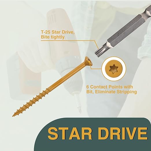 T.K.Excellent Deck Screws 3 Inch Wood Screws #10 x 3, 315 Pcs, Rust Resistant Structural Screws Tan Exterior Fence Screws Torx Drive Screw, Two T25 Bits, Brilliant Yellow Ruspert Coating Rust Proof