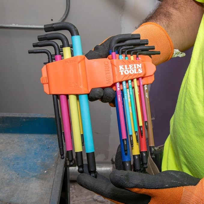 Klein Tools BLS18 Hex Key Wrench Set, Color Coded, SAE and Metric, Heat-Treated, L-Style, Long Arm and Ball End, 1/16-Inch to 3/8-Inch and 1.5 mm to 10 mm, 18-Piece