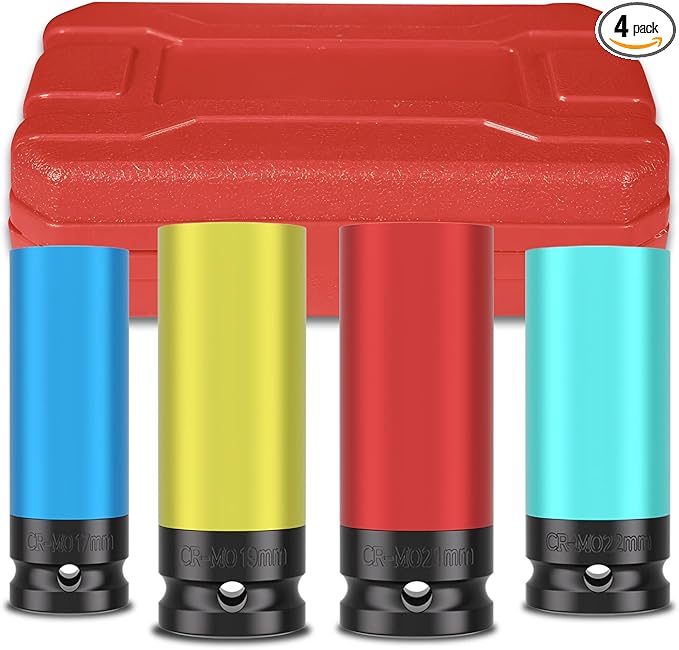 4 PCS 1/2 inch Drive Impact Lug Nut Socket, Metric 17 19 21 22 MM Thin Wall Deep Socket Set,Non-Marring Wheel Protectors Impact Socket,6 Point Axle Nut Socket Set