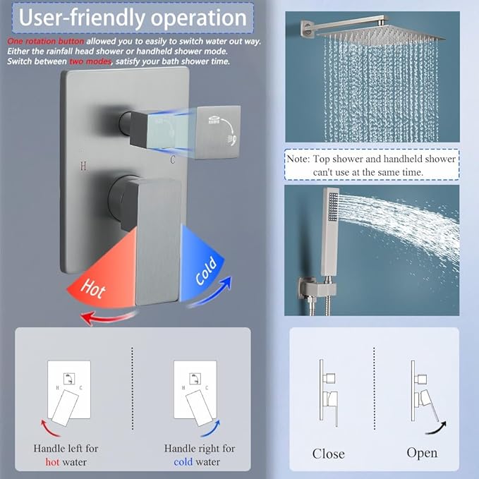 Shower Faucet Set 16 Inch Wall Mount Rain Shower System, All Metal Shower Fixtures - Brushed Nickel