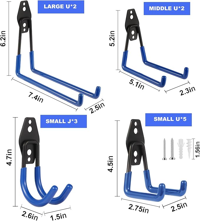 Steel Garage Hooks Wall Tool Organizer, 12 Pack Garage Storage Hook Heavy Duty Utility Storage Hangers Blue for Ladders, Ropes, Garden Tools