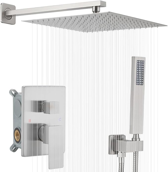 Shower Faucet Set 16 Inch Wall Mount Rain Shower System, All Metal Shower Fixtures - Brushed Nickel