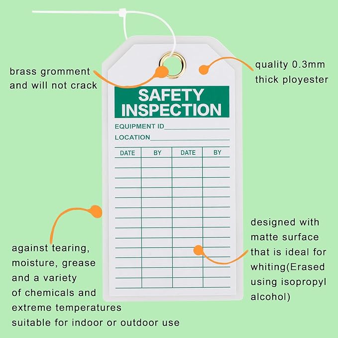 Lionshop Safety Inspection Tags, Accident Prevention Tag, Double-Sided Inspection Tag, Legend “Safety Inspection”, 5.75" x 3", 0.375" in Brass Eyelet Size, Blue Ink on White, Polyester (Pack of 25)