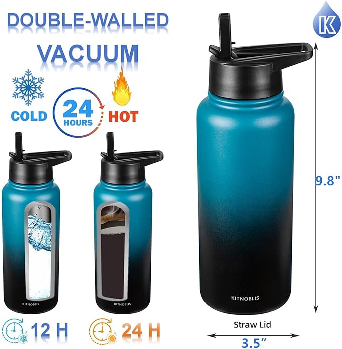 Water Bottle Insulated 32oz Straw Lid, Leak Proof, Vacuum Insulated,Stainless Steel Water Bottle Wide Mouth for Sports, Gym, BPA-Free Keep Cold 24H Hot 12H (Dark green)