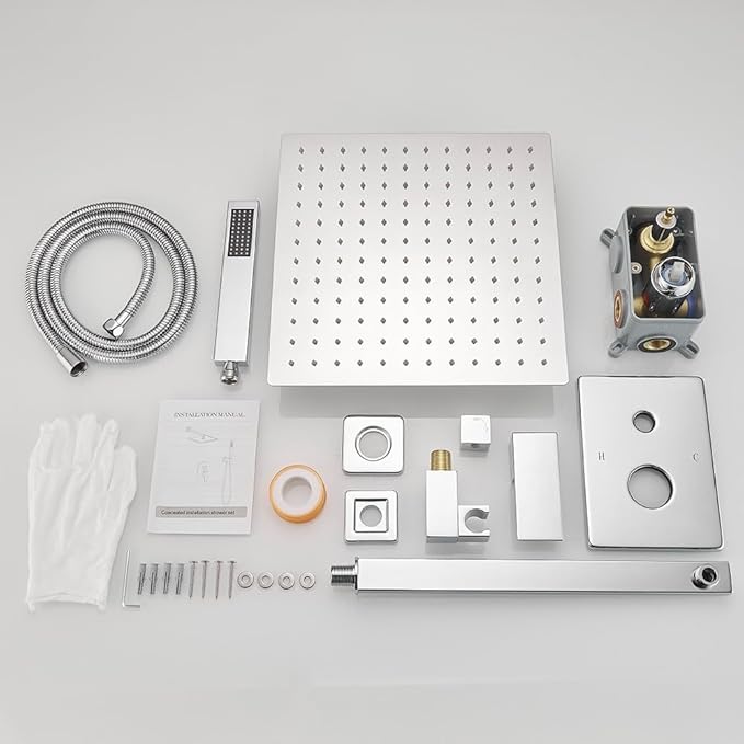 Shower Faucet Set Complete, Wall Mount Shower System for Bathroom 12 Inch High-Pressure Rainfall Shower with Handheld, Rough-in Valve Body and Trim Kit, Polished Chrome