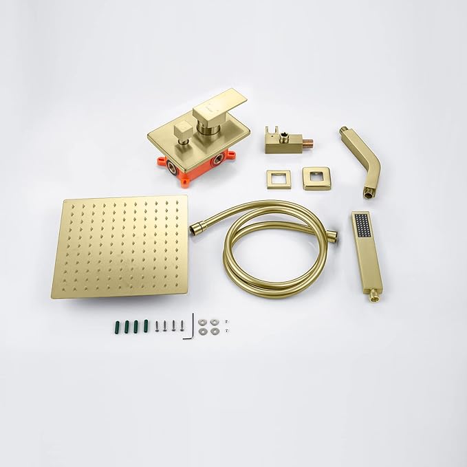 Rain Shower System with Handheld Shower, Bathroom Shower Faucet set 10 Inch Wall Mounted Bathroom Luxury Rainfall Mixer Shower Combo Set with Valve and Trim Kit, Brushed Gold