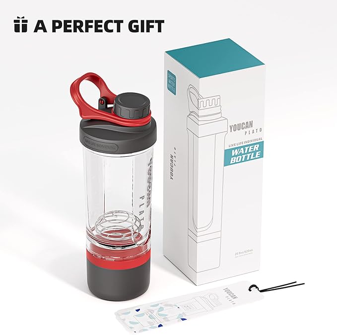 21oz Protein Shaker Bottle with Powder Storage Container-Shaker Cups for Protein Shakes-pre workout bottle-Mixer Cup-Gym Sport Water Bottle -Made with Tritan BPA Free,with Wire Whisk Balls,Red