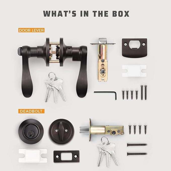 KNOBWELL 8 Pack Keyed Alike Door Lever Handle with Single Cylinder Deadbolt, Oil Rubbed Bronze Exterior Door Knob Lock Set with Deadbolt, Front Door Entry Lever Lockset and Deadbolt Combination Set