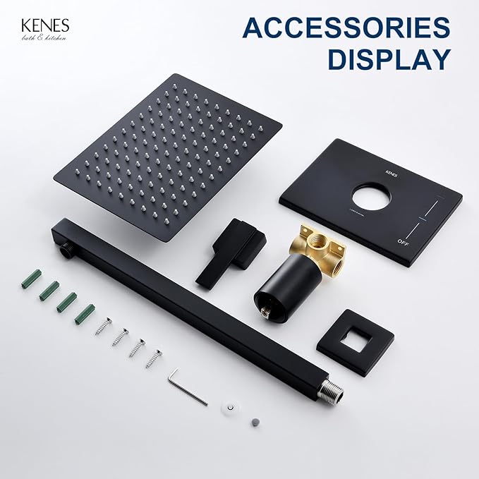 KENES Matte Black Shower Faucet with Square Shower Trim Kit & Single-Spray Head, Wall Mount, KE-6024B-2 (Includes Shower Valve)