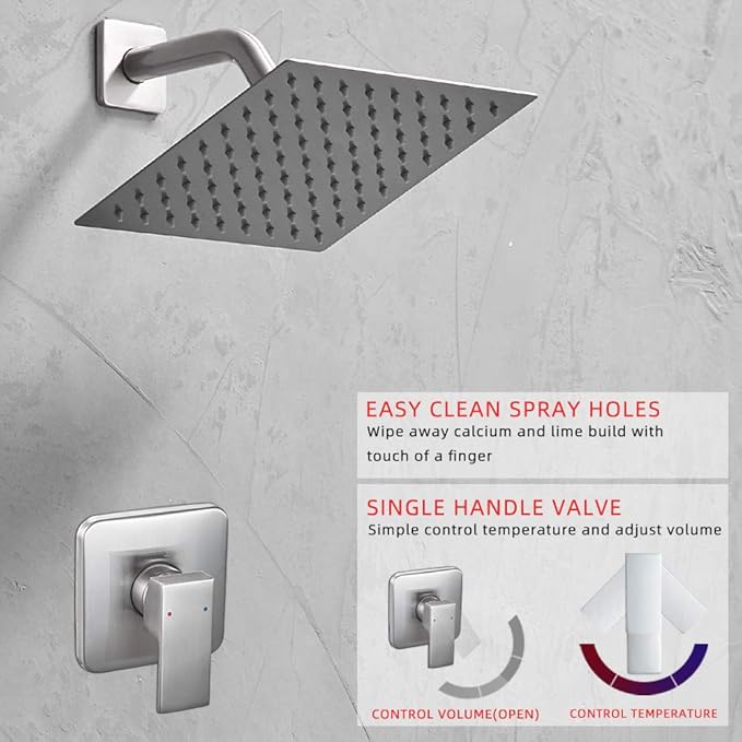 Shower Faucet Set Brushed Nickel, Bathroom Rainfall Shower System with Stainless Steel Metal Shower Head, Single Function Shower Trim Kit with Rough-in Valve
