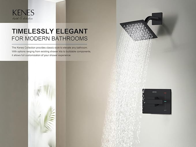 KENES Matte Black Shower Faucet, Shower Trim Kit with Single-Spray Stainless Black Rain Shower Head, Shower Trim Systems Wall Mount, KE-6025B-2 (Shower Valve Included)