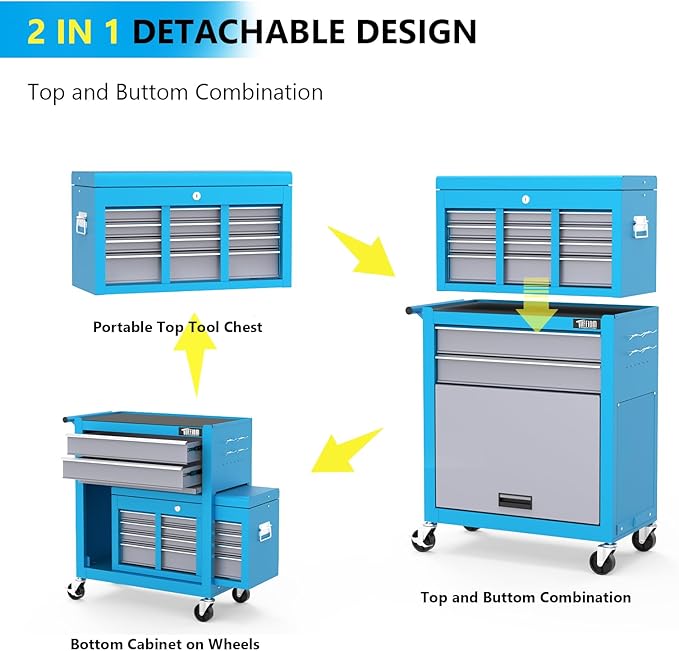 TUFFIOM 8-Drawer Rolling Tool Chest, Tool Storage Cabinet w/Lockable Wheels, Detachable Top, Drawers & Side Hooks, Mechanic Tool Organizer Box for Garage Warehouse Repair Shop