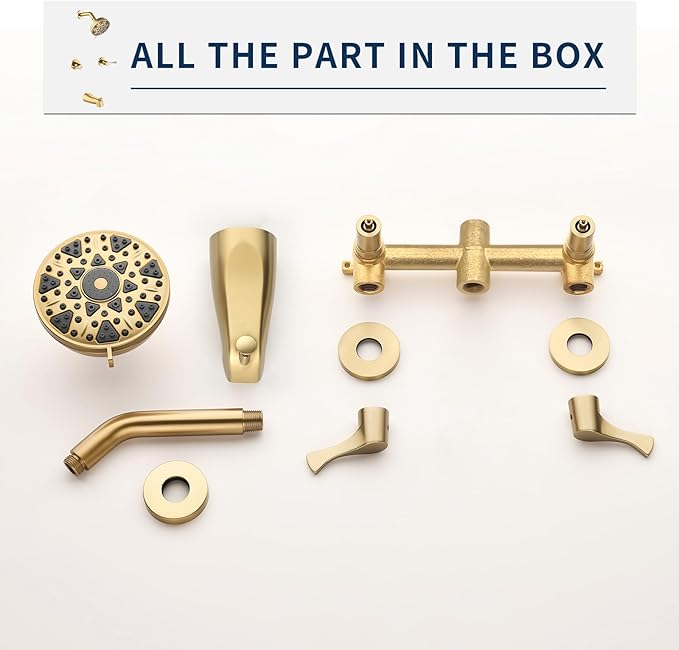 2 Handles Shower Faucet Set with Tub Spout Bathtub Shower Faucet Combo Set Shower System Complete Tub and Shower Trim Kit Wall Mounted Shower Fixtures Brushed Gold