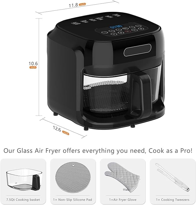 Glass Air Fryer, 7.6QT with Transparent Fry Bowl, Circulating Heating, Temperature Control, Air Fryer Roast, Dishwasher Safe (Black)