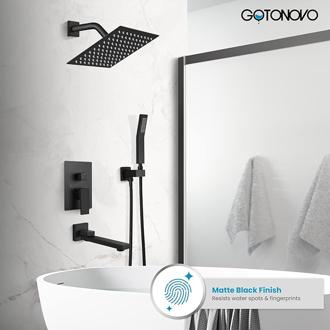 gotonovo Rainfall Tub Shower Faucet Set Bathroom Shower System with Tub Spout Wall Mount Square High Pressure Shower Fixtures with Handheld Sprayer Rough-In Valve 8'' Shower Head,Matte Black