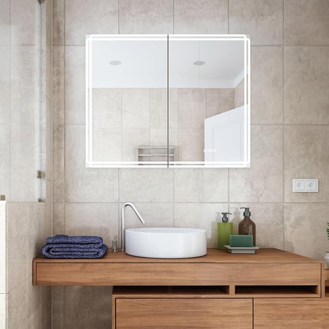 Buruis 32'' x 32'' Medicine Cabinet with Lights and Mirrors, Recessed or Wall Mounted Modern Bathroom Cabinet with 3-Mode Light, Anti-Fog, Dimmable, Memory Function, Outlet, Silver