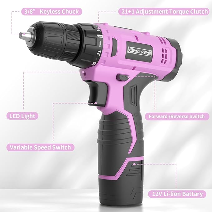 Cordless Drill Set, 12V Power Drill Set with Battery and Charger, 3/8'' Keyless Chuck, 21+1 Torque Setting, 180 inch-lbs, Pink Electric Drill for Women's Garden DIY Projects(Pink)