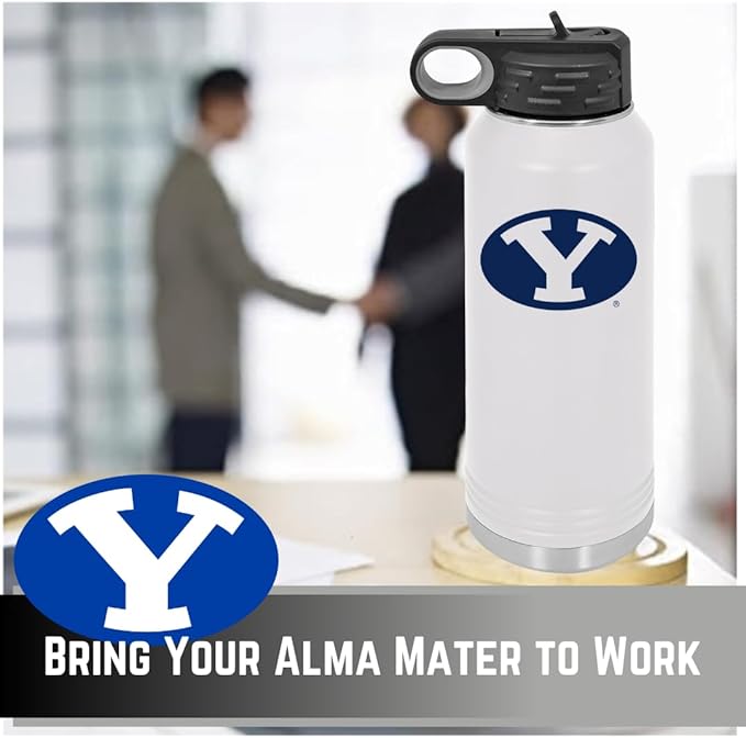 Game Day Outfitters BYU Cougars 32oz Stainless Steel Double Walled White Beverage Bottle with Flip Straw Spout– College Gear for Playoff Season– For Gym, Home or Auto – Show Your Brigham Youth Pride