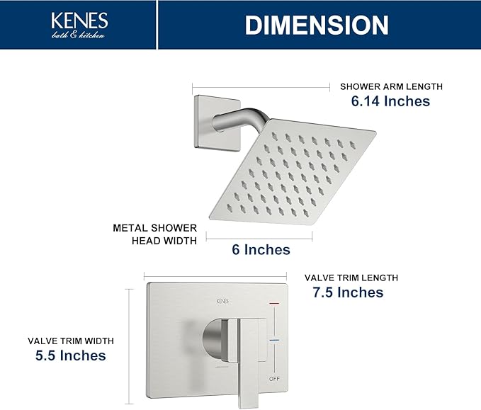 KENES Modern Brushed Nickel Shower Trim Kit, Square Shower Faucet with Single-Spray Stainless Rain Shower Head, Shower Trim Systems Wall Mount, KE-6025B (Shower Valve Included)