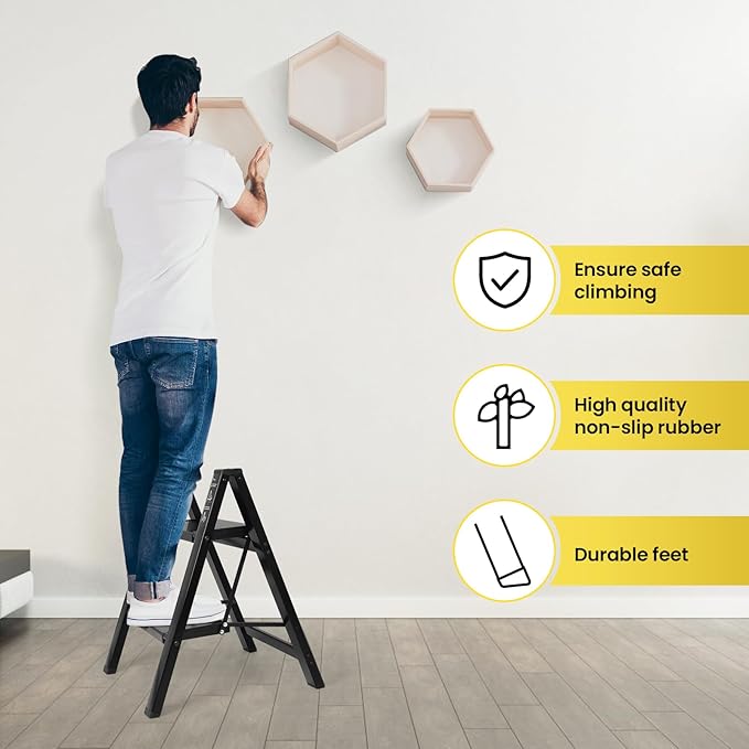 FAHKNS 2 Step Ladder, Aluminum Light Folding 2 Step Stool with Non-Slip Wide Pedal (7.9Inch), 330Lbs Capacity Stepping Stool, Step Ladder 2 Step Folding for Office,Household,Kitchen, Black