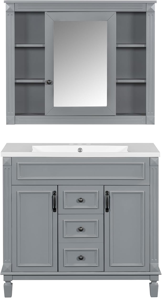 Merax 36" Bathroom Vanity with Sink, 36 inch Bathroom Vanity Storage Cabinet with Matching Mirror Medicine Cabinet, Ceramic Sink Top, Solid Wood Frame, Painted