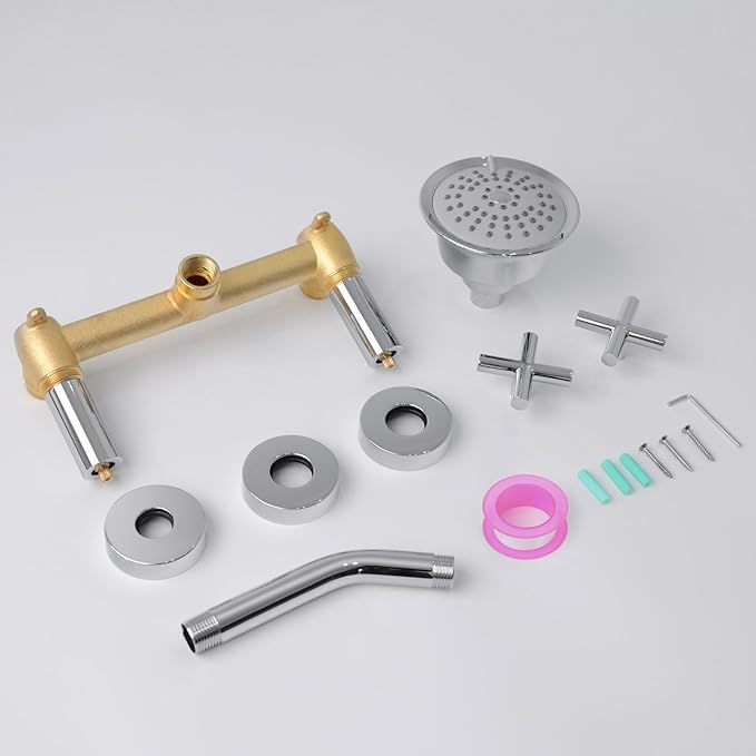 2 Handles Shower Faucet Set,2 Knobs Single Function Tub and Shower Trim Kit with Valve,Two Handles Shower Faucet Set with 3 Modes Rainfall Shower Head,Wall Mounted Shower Trim Kit,Chrome,1A1MK