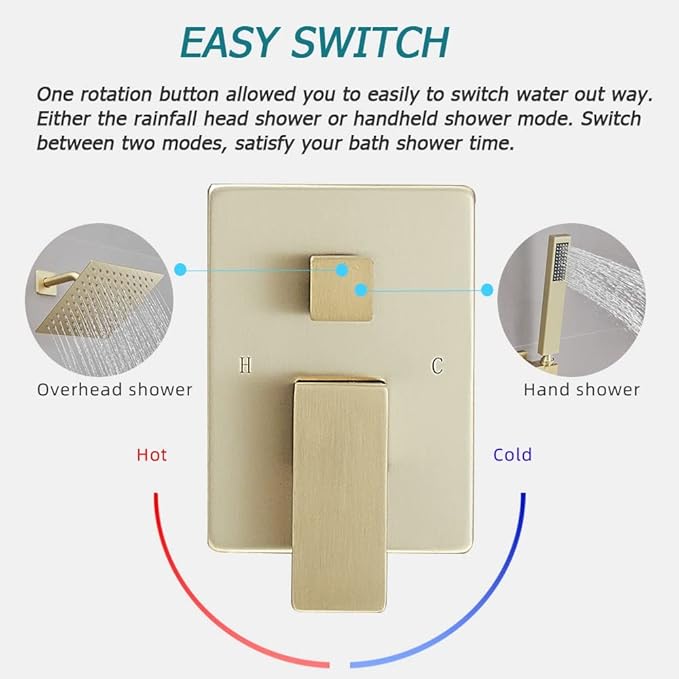 Brushed Gold Shower System with High Pressure 8'' Rainfall Shower Head, Handheld Shower head, Bathroom Luxury Rain Mixer Shower Combo Set Wall Mounted Shower Faucet Rough-in Valve and Trim Kit
