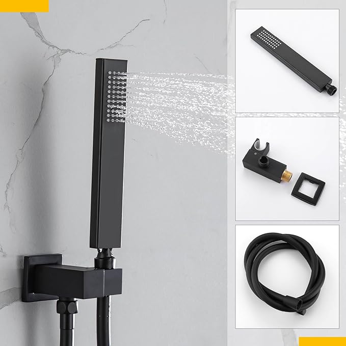 Shower System with Handheld Shower, Rainfall Shower Faucet Set with 10 Inch Shower Head and Handheld Wall Mounted Bathroom Shower System Faucet Set Rough-in Valve and Trim Kit, Matte Black
