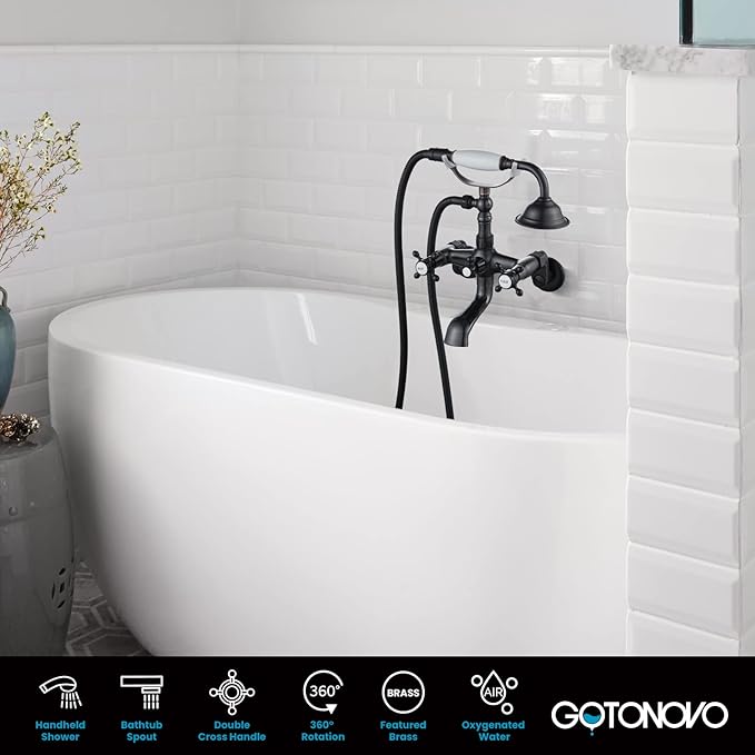 gotonovo Clawfoot Bathtub Faucet Tub Filler with Hand Held Shower Faucet Set Victorian Double Cross Handle 6 Inch Center Adjustable Swing Arms Tub Mount Short Adapter Oil Rubbed Bronze