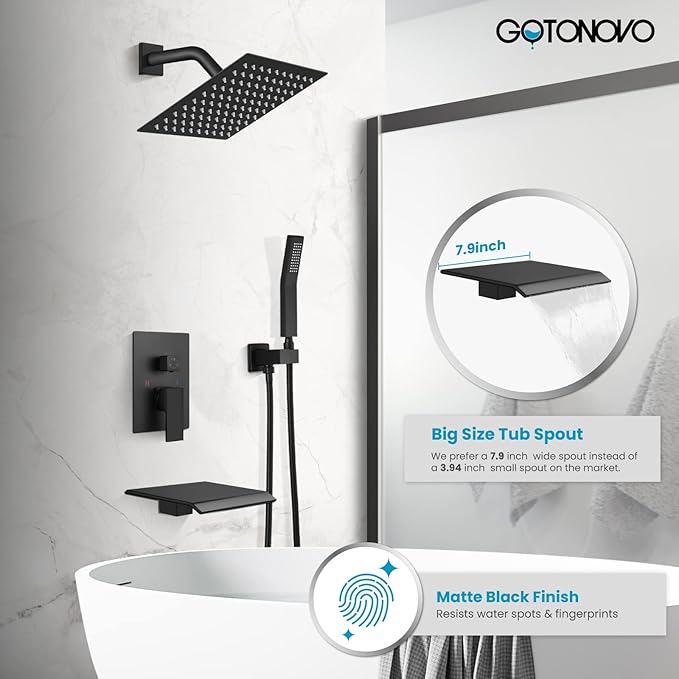 gotonovo Rain Shower Faucet System Set Rainfall Shower Head with Handheld Sprayer Waterfall Tub Spout Wall Mounted Mixer Combo Rough-in Valve and Trim Included 8 Inch Showerhead Matte Black