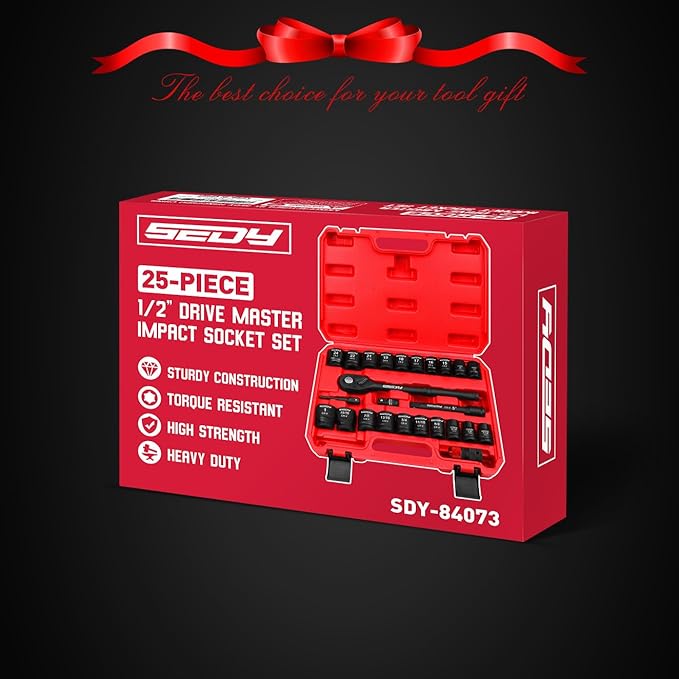 1/2" Drive Socket Wrench Set: 25-Piece SAE & Metric Impact Socket Ratchet Wrench Tool Set Socket Assortment with Storage Box for Repair Mechanic Garage