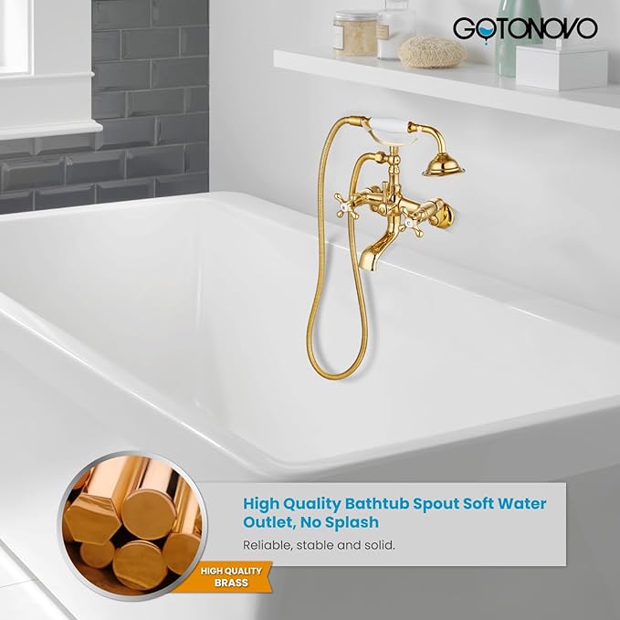gotonovo Clawfoot Bathtub Faucet Tub Filler with Hand Held Shower Faucet Set Victorian Double Cross Handle 6 Inch Center Adjustable Swing Arms Tub Mount Short Adapter Polished Gold