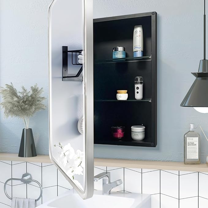 16×26inch Medicine Cabinet,Brushed Aluminum Framed,Beveled Mirror,Soft Closing Hinge,Sliver,Detachable Side Plate for Recess Mount or Surface Mount