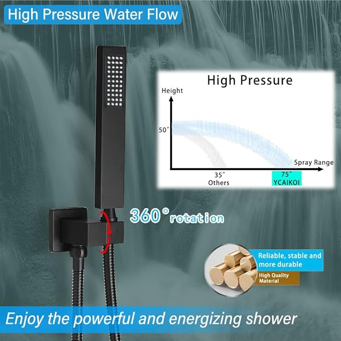 Shower Faucet Set Complete, Wall Mount Shower System for Bathroom 12 Inch High-Pressure Rainfall Shower with Handheld, Rough-in Valve Body and Trim Kit, Matte Black