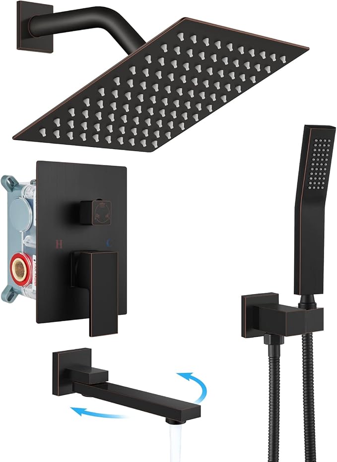 gotonovo Rainfall Tub Shower Faucet Set Bathroom Shower System with Tub Spout Wall Mount Square High Pressure Shower Fixtures with Handheld Sprayer Rough-In Valve 8'' Shower Head,Oil Rubbed Bronze