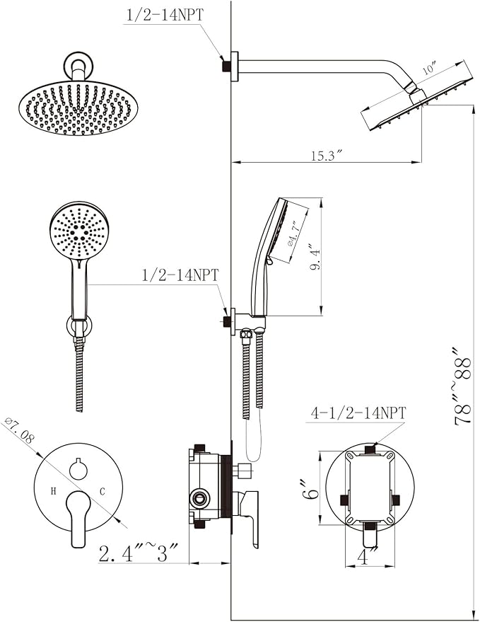 Shower Faucet Set 10IN Brass Rough-In Valve Body Trim Kit Rainfall Included Handle Accessories Complete 2 Functions with Rain Head and Handheld Bathroom Systems (10'', Brushed Nickel)