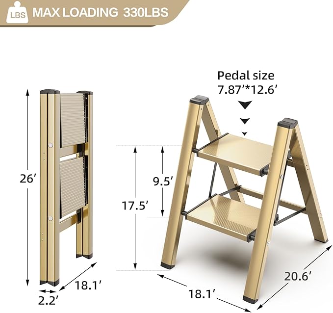2 Step Ladder, Aluminum Lightweight Folding 2 Step Stool with Anti-Slip Wide Pedal,330lbs Capacity Steel Ladder for Household and Office(Gold)