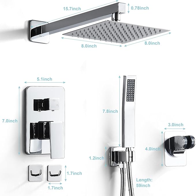Chrome Shower System 8 Inch, Rain Shower Head with Handheld Spray, Luxury Rain Shower Set Square Wall Mount for Bathroom with Rain Shower and Handheld Shower System