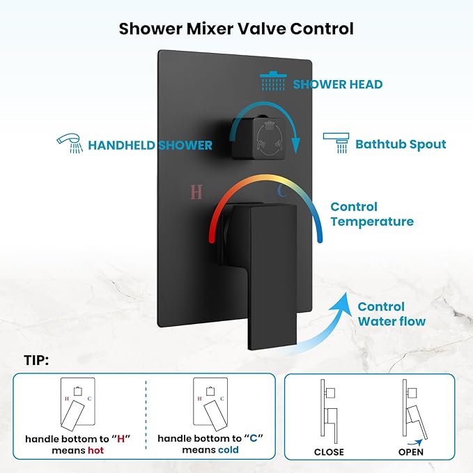 gotonovo Rainfall Tub Shower Faucet Set Bathroom Shower System with Tub Spout Wall Mount Square High Pressure Shower Fixtures with Handheld Sprayer Rough-In Valve 8'' Shower Head,Matte Black