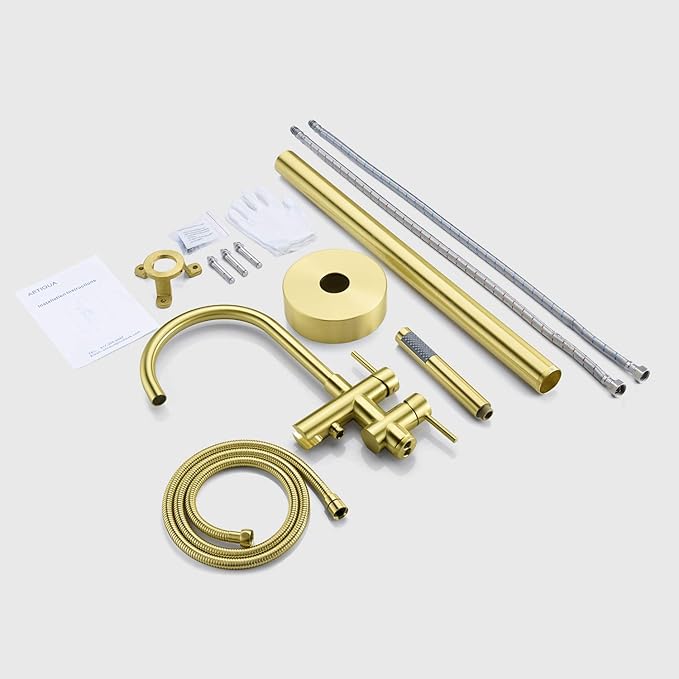 Freestanding Tub Filler Bathtub Faucet Brushed Gold Floor Mounted Brass Faucets with Handheld Shower