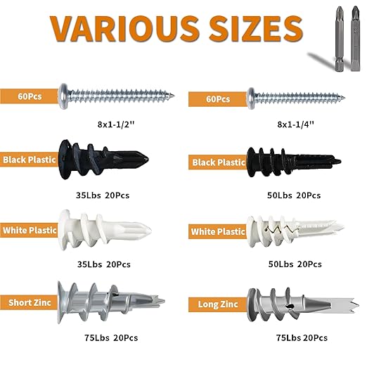 240Pcs #8 Self Drilling Drywall Anchors Kit, Nylon Plastic Hollow Wall Anchors with Screws, No Pre-Drilling Required, Holds Up to 75lbs (120 Anchors + 120 Screws)