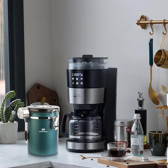 Coffee Canister Airtight Storage Container Stainless Steel Air Tight Coffee Jar with Scoop, Date Tracker CO2 Release Valve for Dry Food, Beans, Ground, Tea, Flour, Cereal and Sugar (Green)