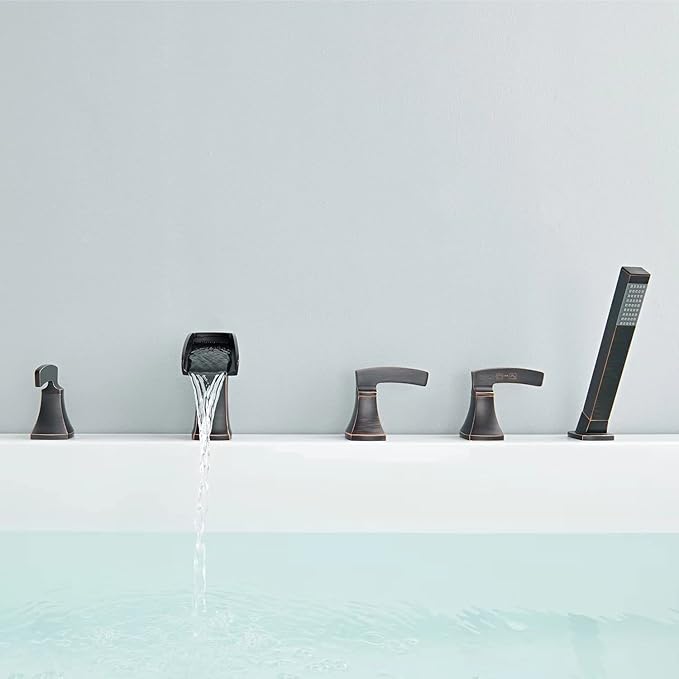 Waterfall Roman Tub Faucet Bathtub Faucets Oil Rubbed Bronze Deck Mount Tub Filler 5 Hole Brass Bathroom Faucets with Hand Shower