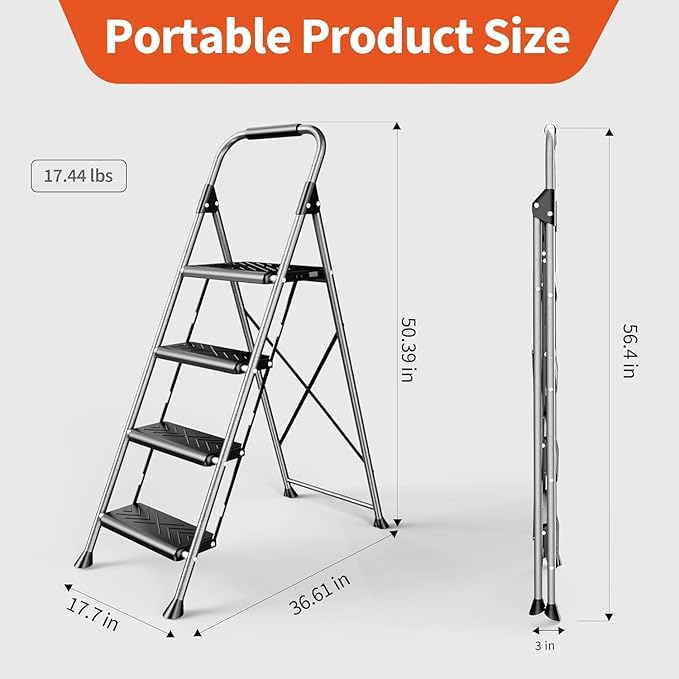 4 Step Ladder, Folding Step Stool with Anti-Slip Wide Pedal, Soft Handle, Anti-Slip Feet, Heavy-Duty Steel Construction, 900lbs Capacity Steel Ladder for Home Office, Grey