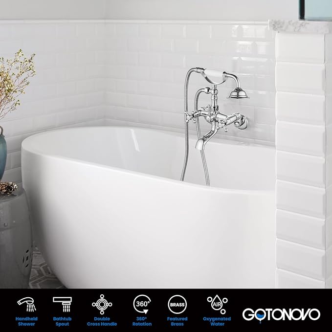 gotonovo Clawfoot Bathtub Faucet Tub Filler with Hand Held Shower Faucet Set Victorian Double Cross Handle 6 Inch Center Adjustable Swing Arms Tub Mount Short Adapter Polished Chrome