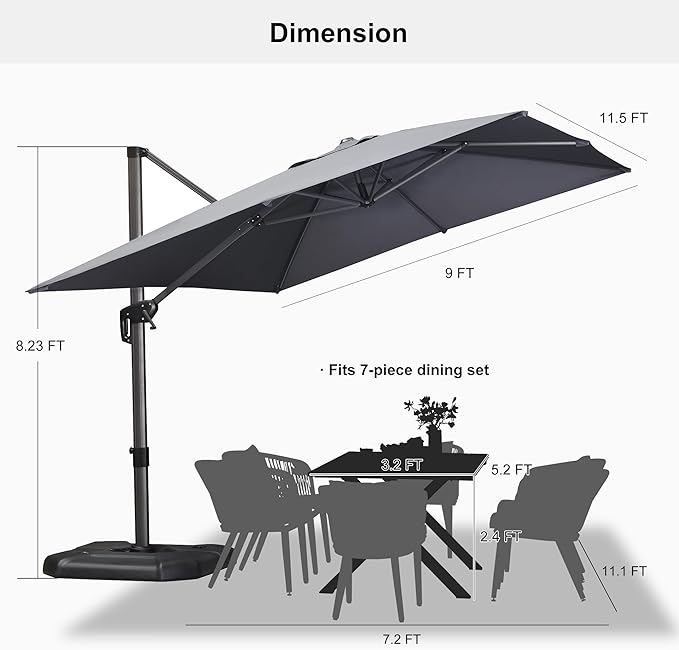 PURPLE LEAF 9' X 11.5' Patio Umbrella Outdoor Cantilever Rectangle Umbrella Aluminum Offset Umbrella with 360-degree Rotation for Garden Deck Pool Patio, Light Grey