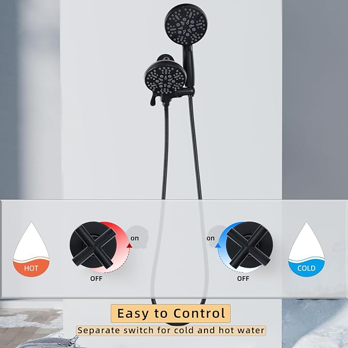 2 Handle Shower Faucet Set With Handheld Shower Head,Dual 2 in 1 Shower Head System, Shower Combo Set with Handheld,2 Knobs Tub and Shower Trim Kit with Valve,Wall Mounted,Matte Black,2A3MK