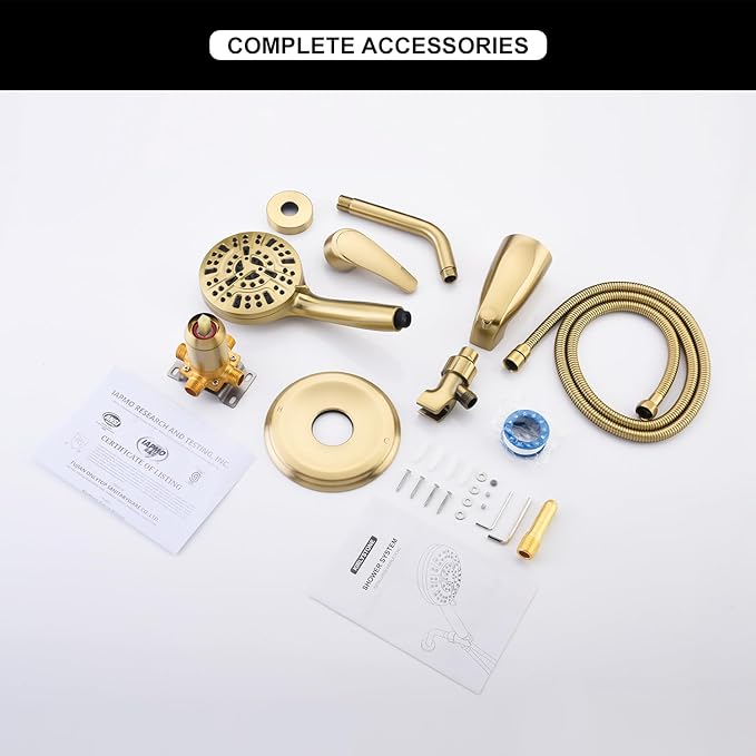 Tub Shower Faucet Combo, Brushed Gold Shower System 10 Patterns Handheld Shower Head with Tub Spout, Shower Trim Kit with Shower Head & Brass Valve