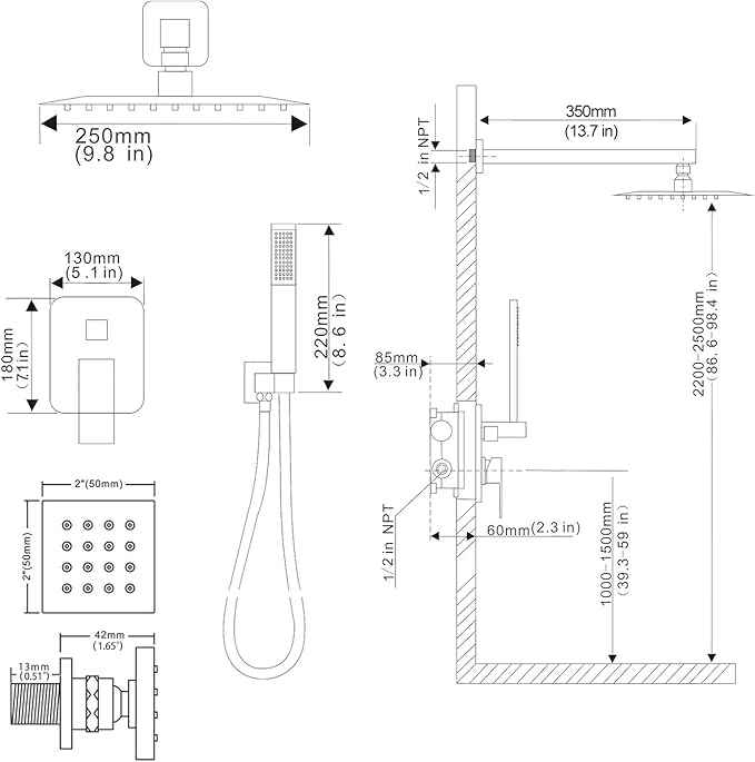 Full Body Shower System Concealed Shower Faucet Set with Body Massage Jets 10 Inch Shower Head Trim Kit 3 Function Wall Mount High Pressure for Bathroom